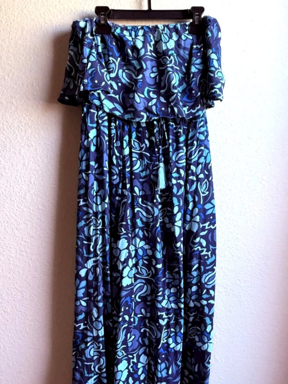 Japna Women's Off-the-Shoulder Floral Maxi Dress Slit Rayon Blue Size S NWOT